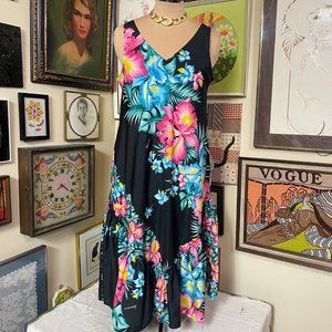 80s Vintage Royal Creations Black Pink Blue Sleeveless V Neck Midi MuuMuu Size L